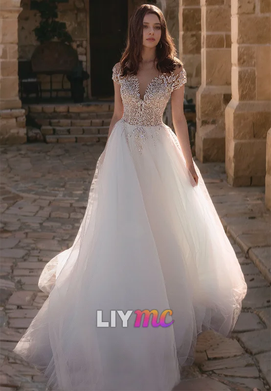 Plus-Size Women's Clothing V-Neck Sleeves Appliques Tulle A-Line Ball Gown Wedding Dress Plus-Size Women's Clothing V-Neck Sleeves Appliques Tulle A-Line Ball Gown Wedding Dress