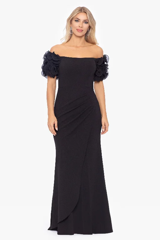 Fashion Sale "Ashlyn" Long Scuba Crepe Off the Shoulder Wire Flower Gown