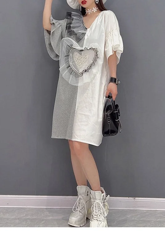 Affordable Women's Clothes Natural White V Neck Chalaza Patchwork Tulle Mid Dresses Flare Sleeve Affordable Women's Clothes Natural White V Neck Chalaza Patchwork Tulle Mid Dresses Flare Sleeve