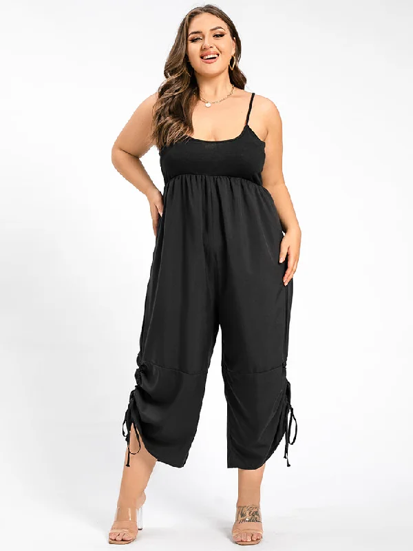 All Season Fashion Collection Plus Black Ruched Drawstring Hem Cami Jumpsuit