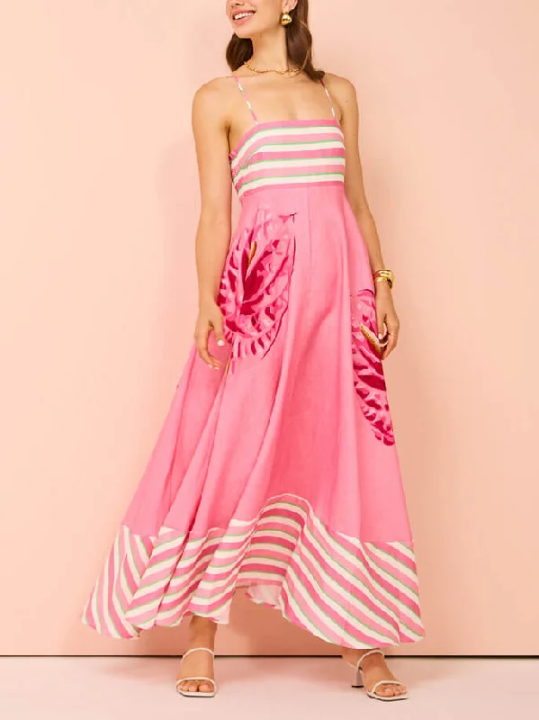 Women's Casual Clothing For Lounging Floral Print Paneled Charming Striped Suspender Mixi Dress