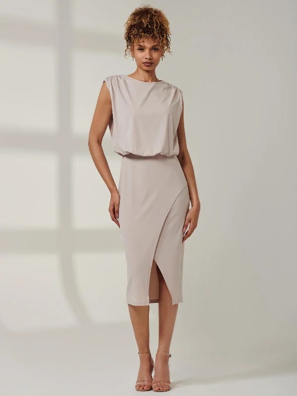 Timeless Women's Clothes Kira Tiered Draped Bodycon Dress, Taupe