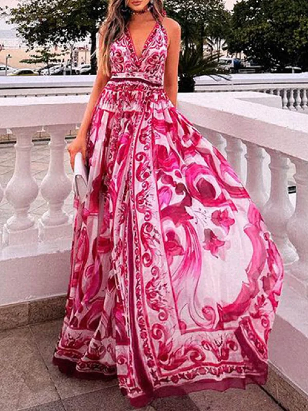 Women's Clothes For Work Events Halter Neck Backless Charming Printed Maxi Dress