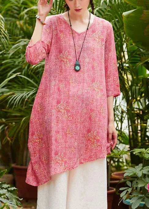 Women's Casual Wear Clothes Unique v neck asymmetric linen Long Shirts Work pink print Dresses summer