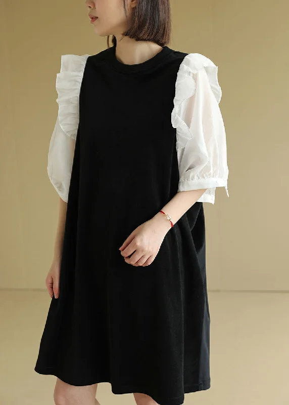 Women's Casual Wear Clothing Women Black O-Neck Patchwork Ruffles Velour A Line Dress Half Sleeve Women's Casual Wear Clothing Women Black O-Neck Patchwork Ruffles Velour A Line Dress Half Sleeve