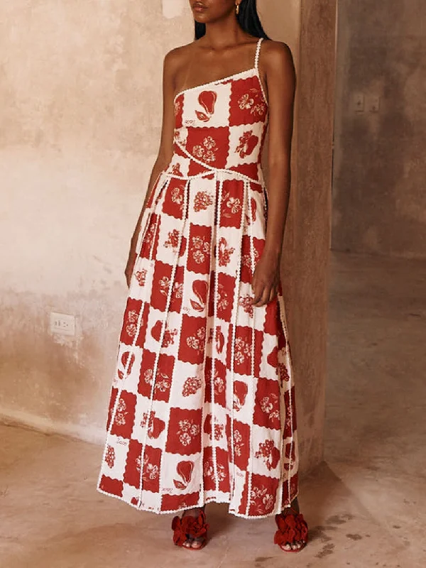 Affordable Women's Clothing Floral Trim Unique Printed Graceful One Shoulder Flared Maxi Dress Affordable Women's Clothing Floral Trim Unique Printed Graceful One Shoulder Flared Maxi Dress