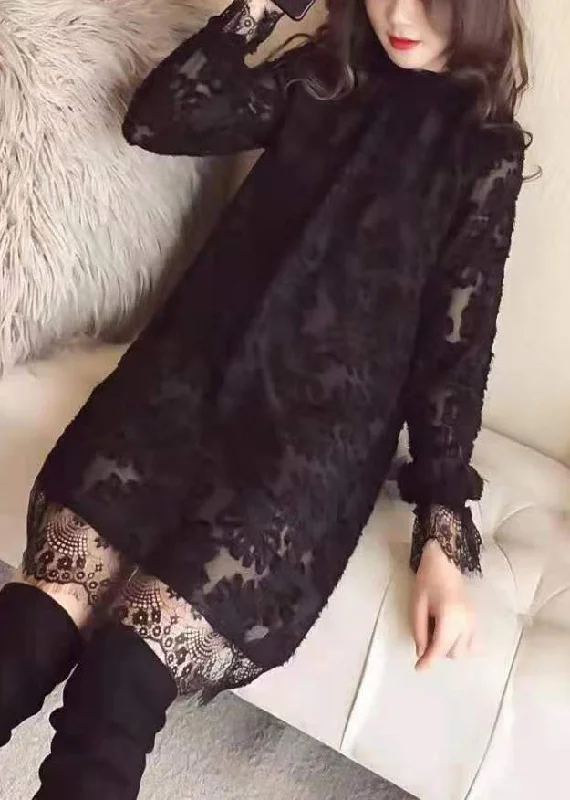 Sustainable Women's Clothing Sexy Black Ruffled Hollow Out Lace Mid Dress Spring