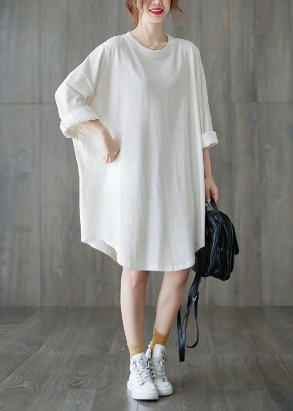 Stylish And Comfortable Clothing For Women Classy White Solid O-Neck Loose A Line Dress Long Sleeve