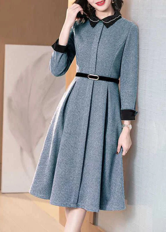 Casual Chic Women's Clothes Stylish Blue Embroideried Nail bead zippered Tie Waist Winter Long sleeve Dresses Casual Chic Women's Clothes Stylish Blue Embroideried Nail bead zippered Tie Waist Winter Long sleeve Dresses