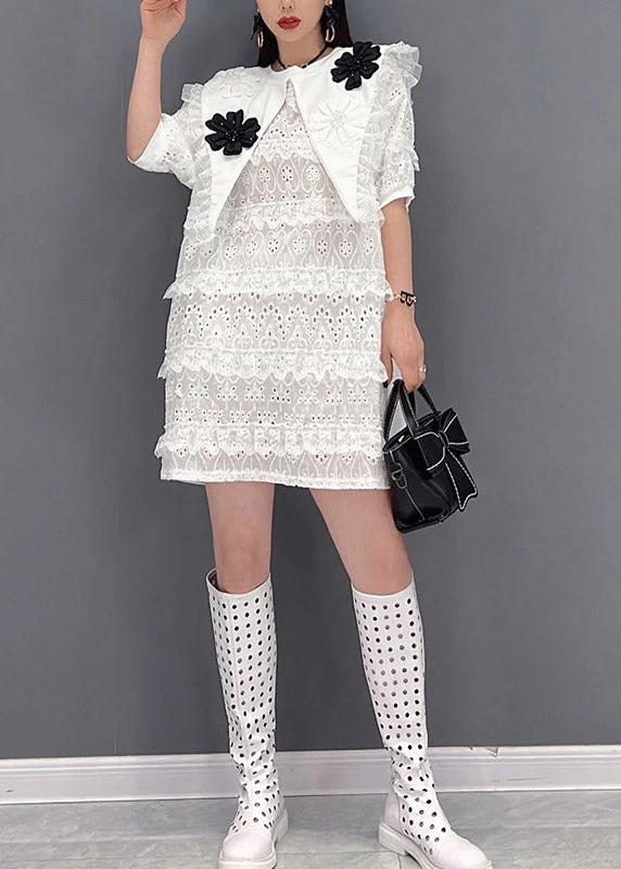 Women's Cozy Clothes Style White O-Neck Tulle Patchwork Lace Layered Dresses Short Sleeve Women's Cozy Clothes Style White O-Neck Tulle Patchwork Lace Layered Dresses Short Sleeve