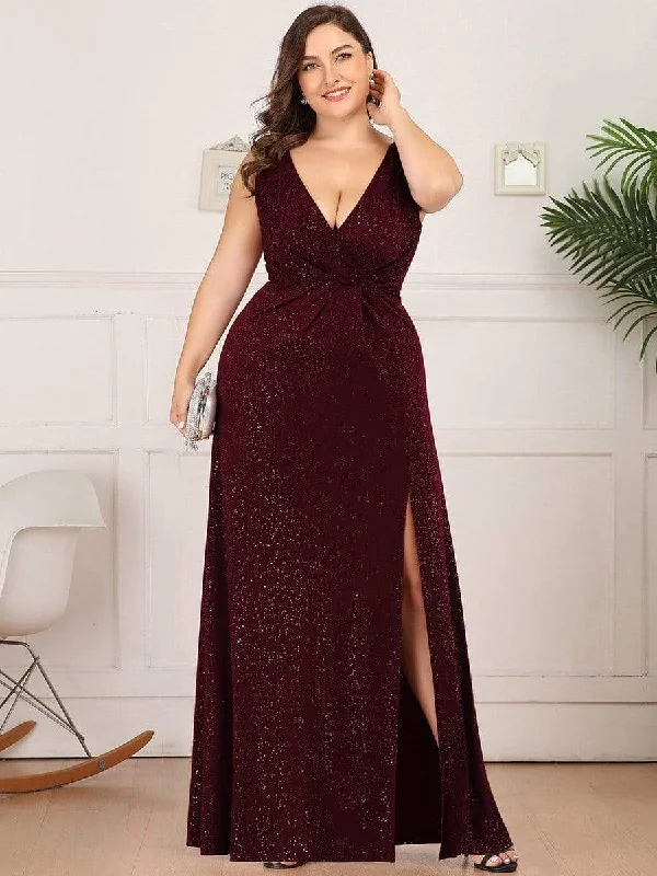 Women's Athletic Clothes Shiny V Neck Floor Length Plus Size Evening Dresses with Side Split Women's Athletic Clothes Shiny V Neck Floor Length Plus Size Evening Dresses with Side Split