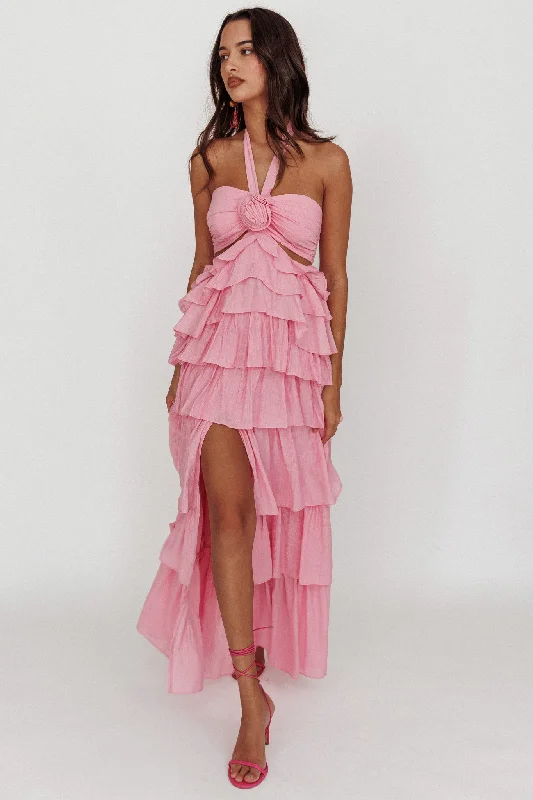 All Season Fashion Collection Morpheus Ruffle Halterneck Maxi Dress Pink