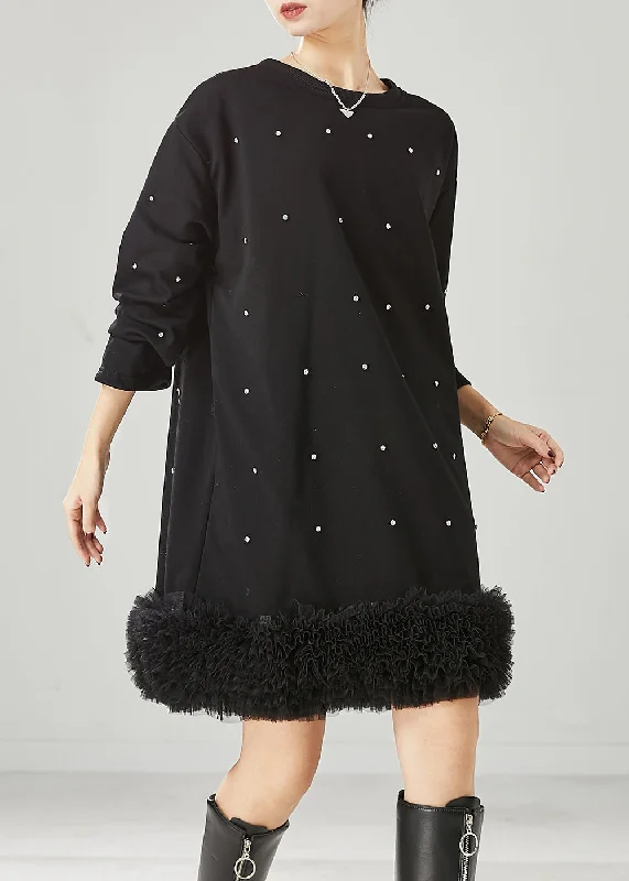 Women's Evening Clothes DIY Black Oversized Patchwork Ruffled Cotton Sweatshirt Dress Spring Women's Evening Clothes DIY Black Oversized Patchwork Ruffled Cotton Sweatshirt Dress Spring