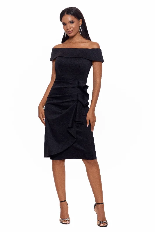 Trendy Threads "Vanessa" Short Off The Shoulder Scuba Crepe Side Ruched Dress