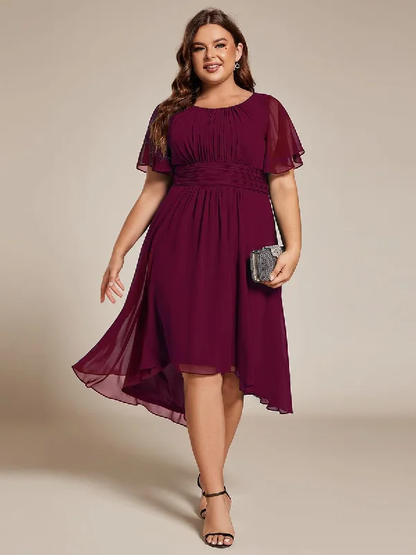 Women's Clothes for All-Day Comfort and Style Plus Size Pleated Round Neckline A-Line Midi Chiffon Wedding Guest Dress