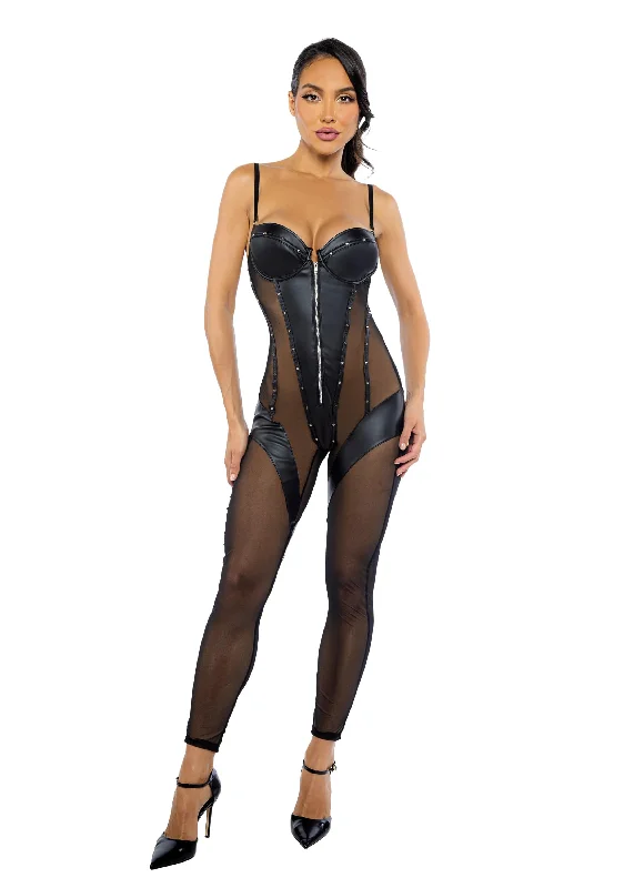 Bold Fashion Black Leather & Mesh Balconette Cup Catsuit Jumpsuit Lingerie