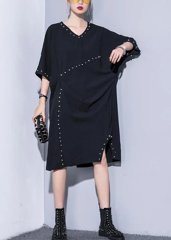 Vintage-Inspired Women's Clothes Women black v neck Cotton quilting clothes Rivet summer Dresses Vintage-Inspired Women's Clothes Women black v neck Cotton quilting clothes Rivet summer Dresses