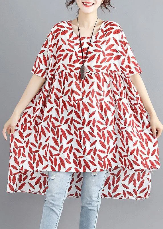 Casual Chic Women's Clothes Women red print linen cotton o neck asymmetric summer Dress Casual Chic Women's Clothes Women red print linen cotton o neck asymmetric summer Dress