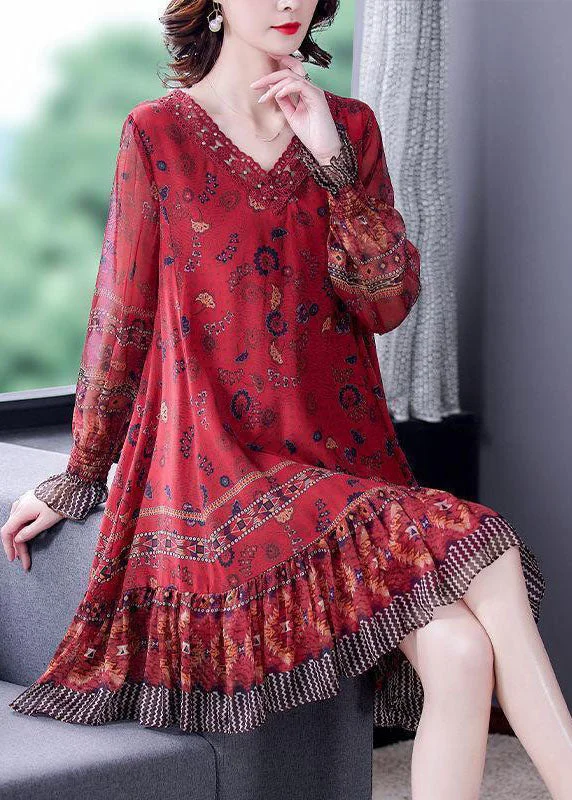 Women's Clothing for Every Season and Trend Modern Red V Neck Patchwork Ruffles Print Silk Dresses Long Sleeve