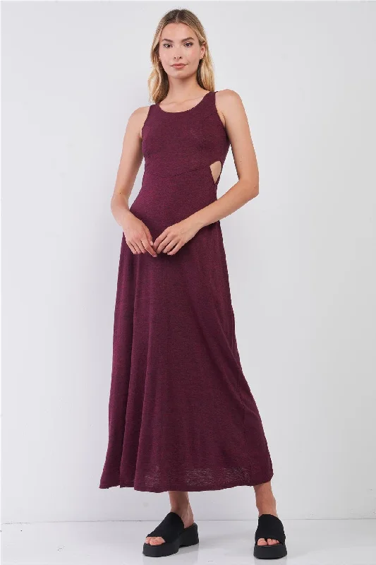 Women's Active Clothing Wine Sleeveless Round Neck Crochet Back Detail Cut-Out Maxi Dress