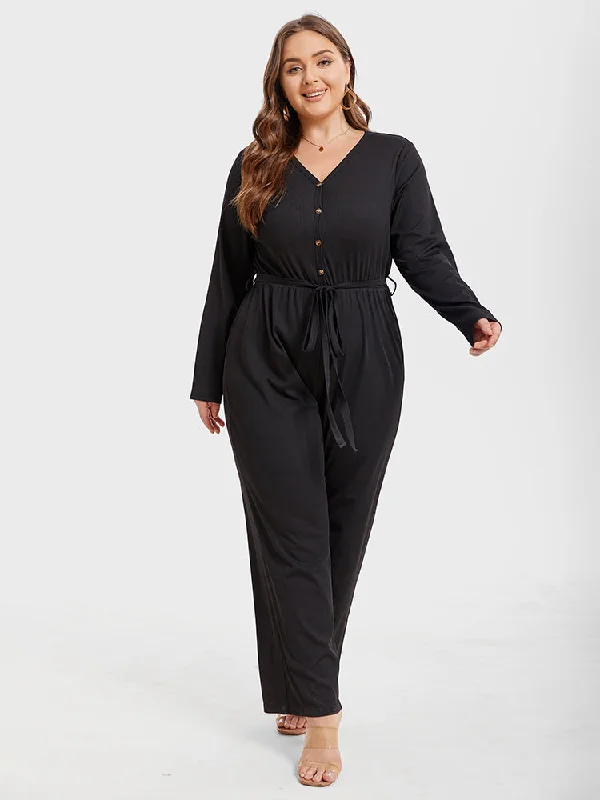 Flash Discount Solid V-Neck Button Front Belted Jumpsuit