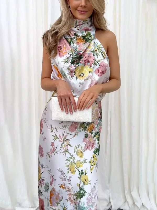 Sustainable Women's Clothing Floral Halter Neck Charming Elastic Waist Maxi Dress
