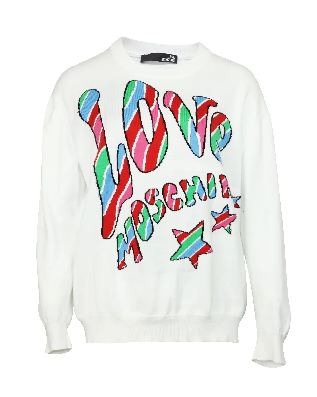 Trendy Athleisure Clothing For Women Love Moschino Logo-Print Sweatshirt in White Print Cotton Trendy Athleisure Clothing For Women Love Moschino Logo-Print Sweatshirt in White Print Cotton