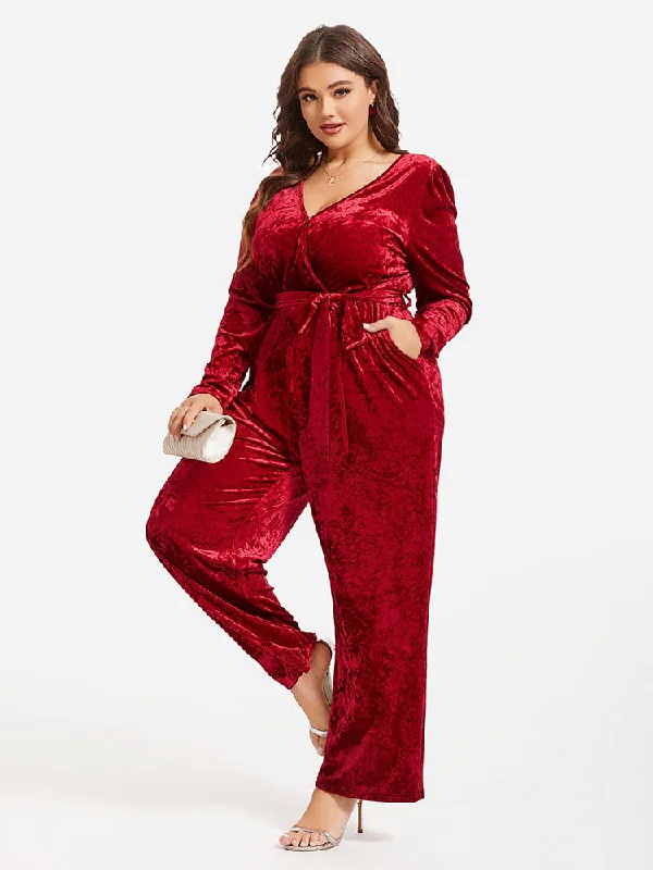 Unleash Your Trend Driven Style Belted Pocket Wide Leg Velvet Jumpsuit