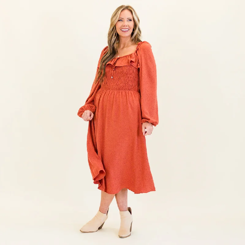 Stylish Savings Field Of Dreams Midi Dress, Terracotta