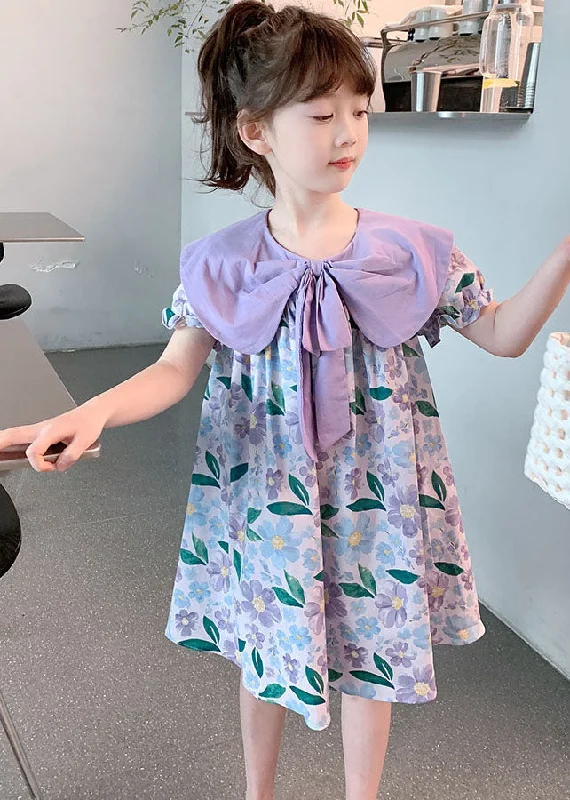 Chic And Edgy Chic Purple Print Wrinkled Patchwork Cotton Baby Girls Dress Summer