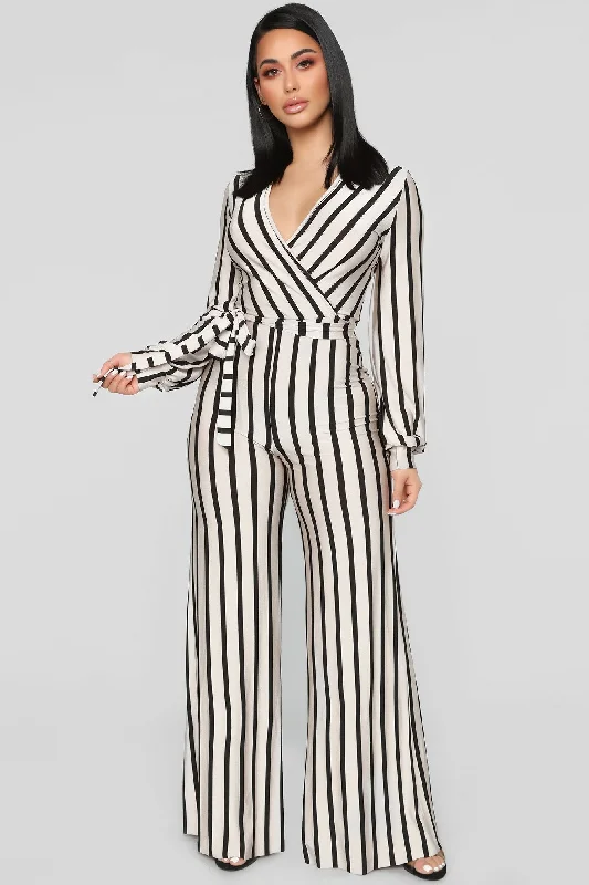 Fashion Forward Femininity Right Up My Alley Striped Jumpsuit - Taupe/Combo