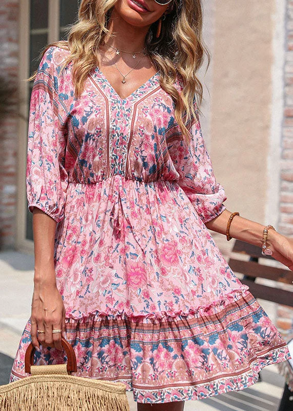 Women's Vintage-Inspired Clothing Cute Pink V Neck Ruffled Patchwork Print Cotton Cinch Mid Dresses Half Sleeve Women's Vintage-Inspired Clothing Cute Pink V Neck Ruffled Patchwork Print Cotton Cinch Mid Dresses Half Sleeve