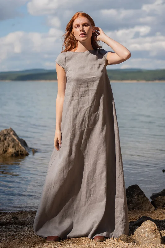 Women's Seasonal Clothes Linen Maxi Dress with Cap Sleeves