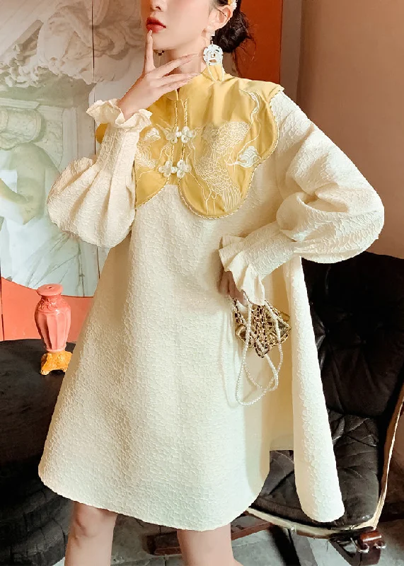 Chic And Trendy Chinese Style Yellow Stand Collar Embroideried Button Mid Dress Long Sleeve