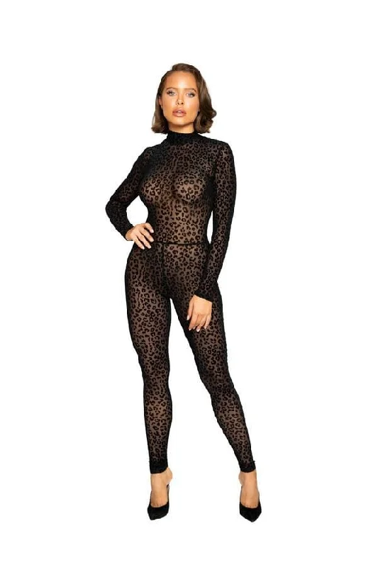 Luxury Fashion Black Velvet Leopard Print Long Sleeve Bodysuit