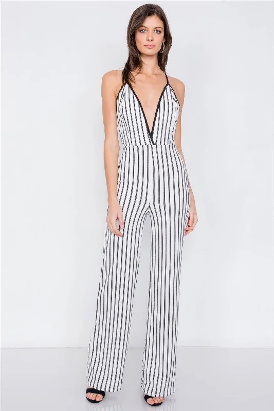 Best Clearance Sales Right Now Trim Stripe V-Neck Criss-Cross Strap Back Jumpsuit