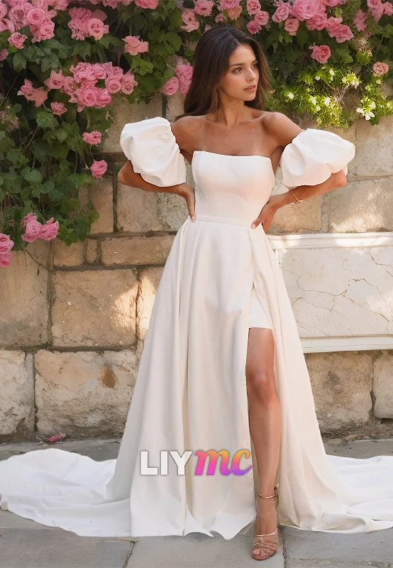 Timeless Women's Clothes Straight Across Puff Sleeves Removable Train Short Beach Wedding Dress Timeless Women's Clothes Straight Across Puff Sleeves Removable Train Short Beach Wedding Dress