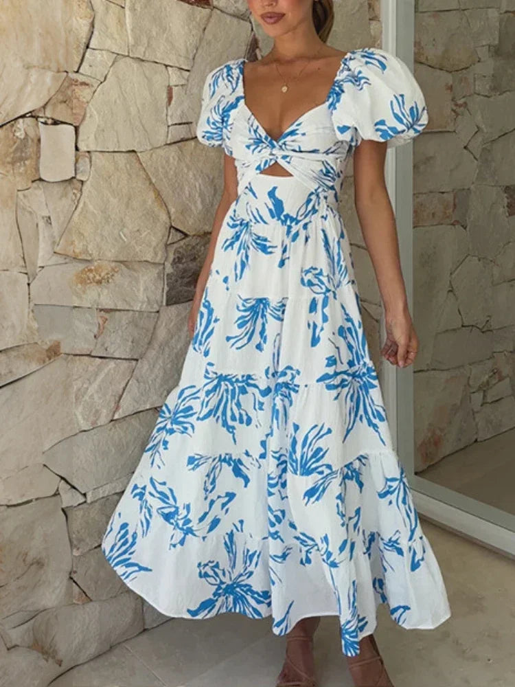 Women's Casual Clothing For Lounging Vintage Slim-fit Printed Hollow Puff Sleeve Maxi Dress Women's Casual Clothing For Lounging Vintage Slim-fit Printed Hollow Puff Sleeve Maxi Dress