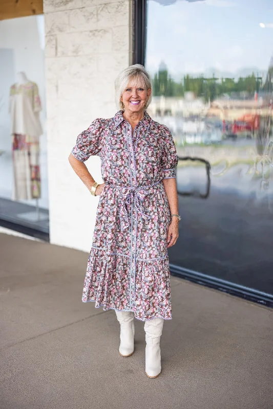 Season Offer Autumn Florals Brown Midi Dress