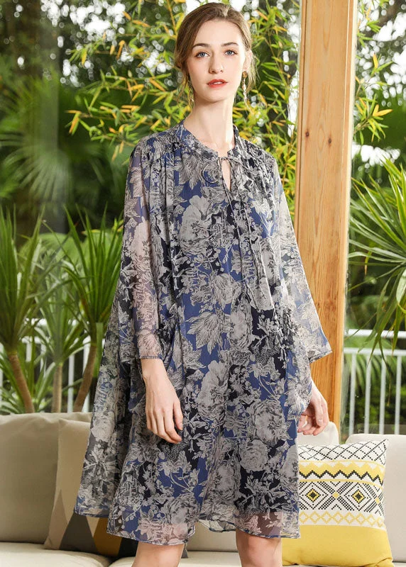 Limited Time Offer Plus Size Stand Collar Oversized Print Chiffon Holiday Dress Long Sleeve