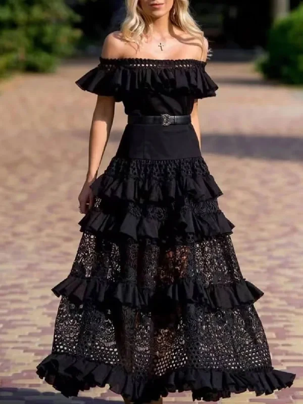 Women's Clothes For Outdoor Events One-Shoulder Ruffled Hollow Swing Graceful Lace Patchwork Long Dress Women's Clothes For Outdoor Events One-Shoulder Ruffled Hollow Swing Graceful Lace Patchwork Long Dress