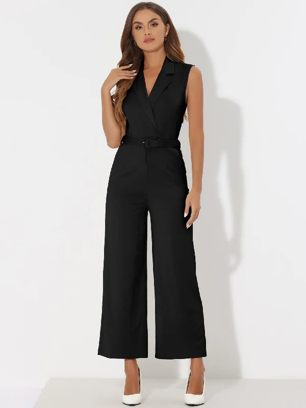 Athleisure Wear Special Offer Sleeveless Button Front Closure Long Leg Pocket Belted Jumpsuits