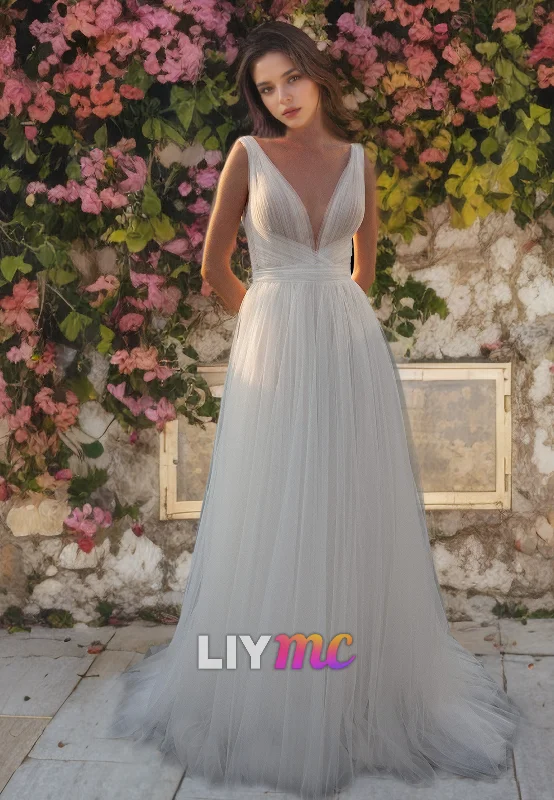 Casual Clothes For Women V-Neck Sleeveless Tulle A-Line Beach Wedding Dress