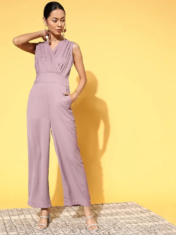 Women's Clothes For Work Women Lavender Wrap Gathered Jumpsuit