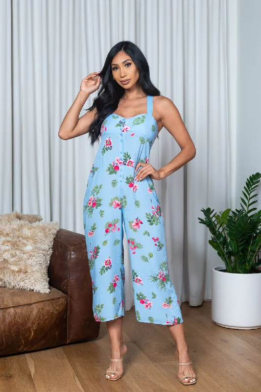 Best Online Women's Boutiques Floral Print Sweetheart Neck Sleeveless Criss Cross Back Jumpsuit in Blue (1751031)