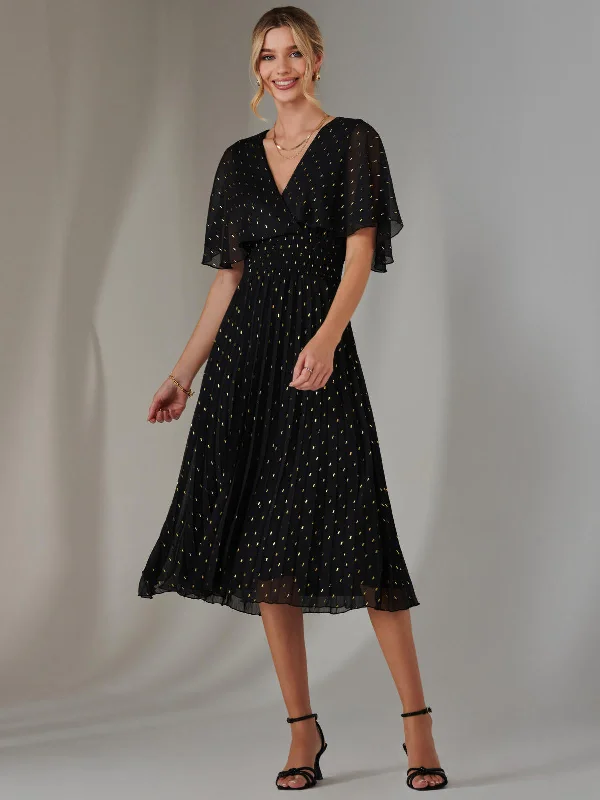 Timeless Women's Clothes Metallic Spot Chiffon Pleated Dress, Black