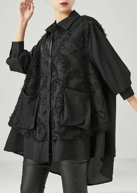 Charming Everyday Clothing For Women Women Black Asymmetrical Patchwork Cotton Shirt Dress Spring Charming Everyday Clothing For Women Women Black Asymmetrical Patchwork Cotton Shirt Dress Spring