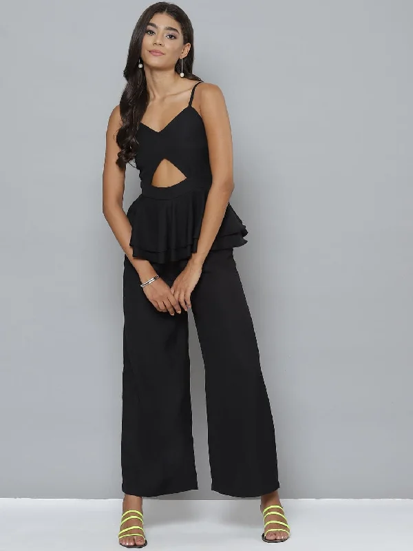 Women's Outerwear Clothing Women Black Strappy Peplum Layered Jumpsuit