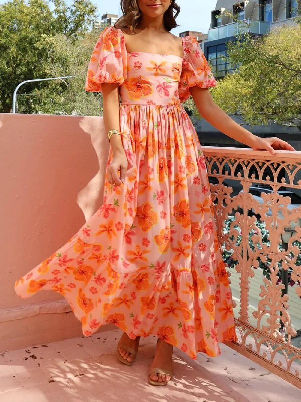 Women's Clothing For Outdoor Events Floral Print Puff Sleeve Graceful Back Smocked Pocket Maxi Dress Women's Clothing For Outdoor Events Floral Print Puff Sleeve Graceful Back Smocked Pocket Maxi Dress