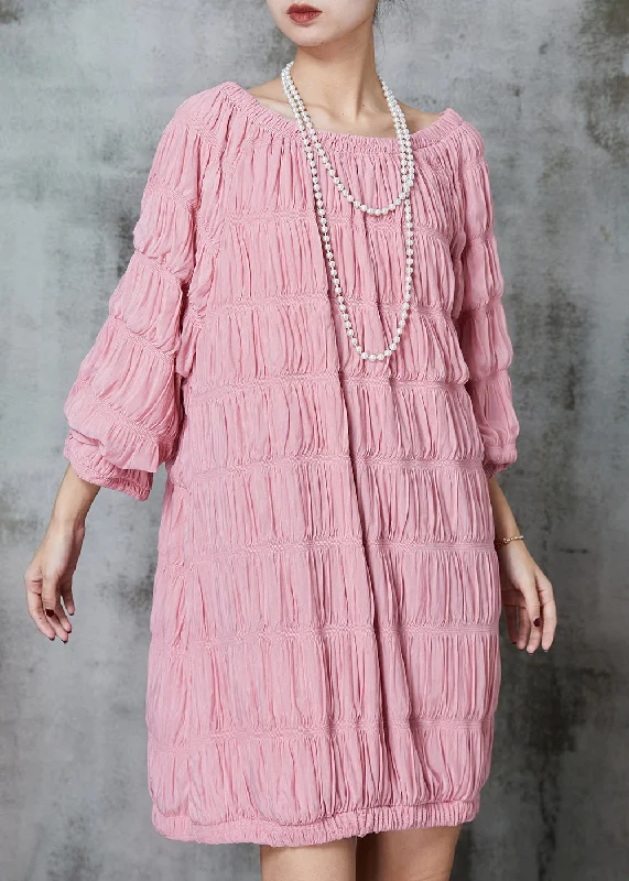 Boho Chic Fashion Fine Pink Slash Neck Wrinkled Cotton Mid Dress Spring